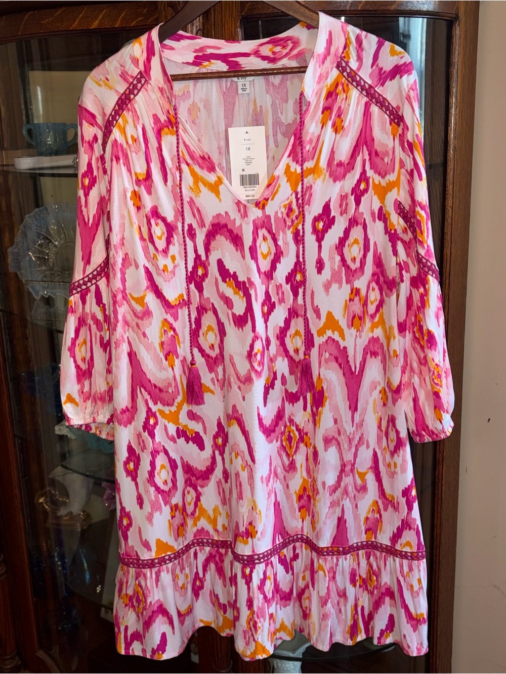 NWT Crown & Ivy Pink, White & Yellow Printed V-Neck Tunic Dress MSRP $89.50